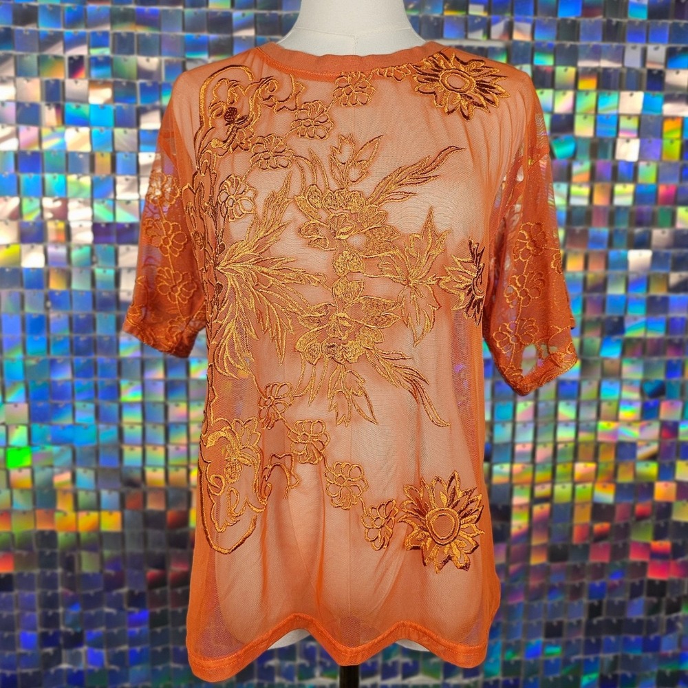 Orange Floral Mesh‎ Top Womens Small Embroidered Sheer